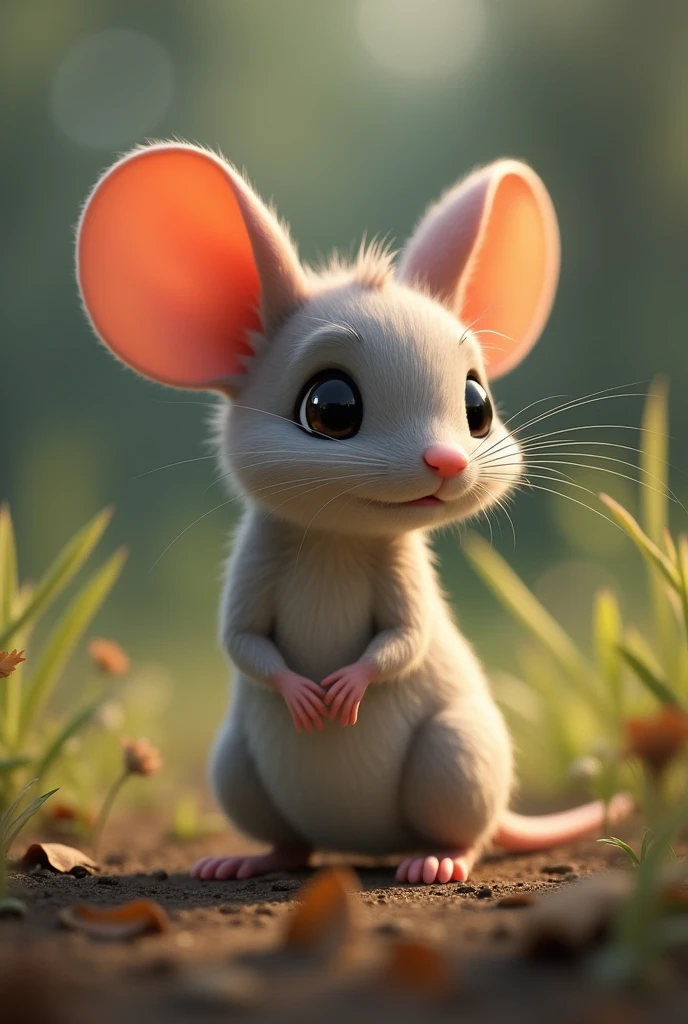 Image description: "A long-eared mouse in a natural environment, Realistically depicted. The mouse has a small and thin body, with a smooth skin of light gray or light brown color. Their ears are large and rounded., protruding prominently from his small head. The mouse's eyes are black and shiny., reflecting light, which gives it a lively and alert appearance. Her nose is small and pink., and their whiskers are long and delicate. The tail is thin and slightly longer than its body., similar in color to the fur. The environment is a field or a forest, with low grass or dry leaves around, creating a natural and welcoming environment."