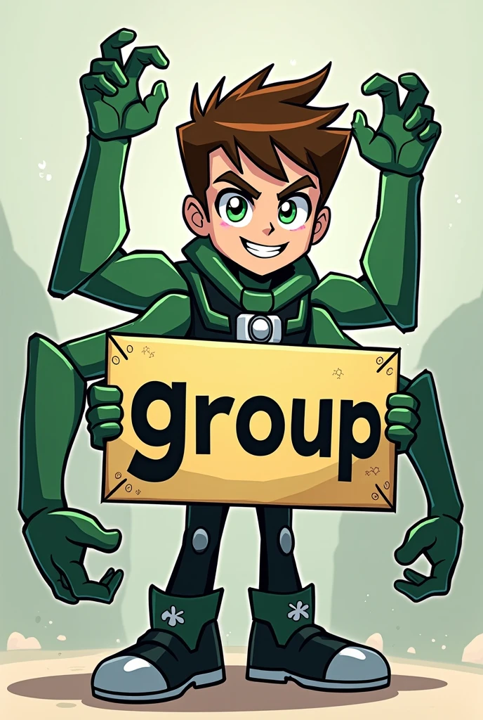 4 arms ben 10 holding a sign saying GROUP 