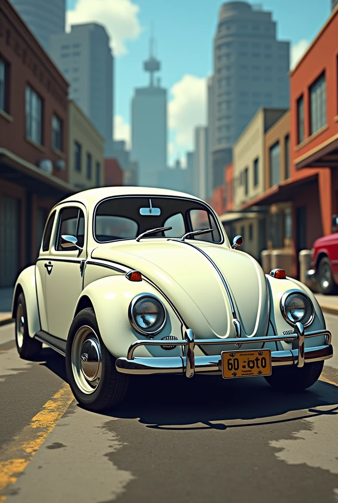 Generate a photo with the 1970 Beetle 4 in white with 4 doors in the style of GTA San Andrea
