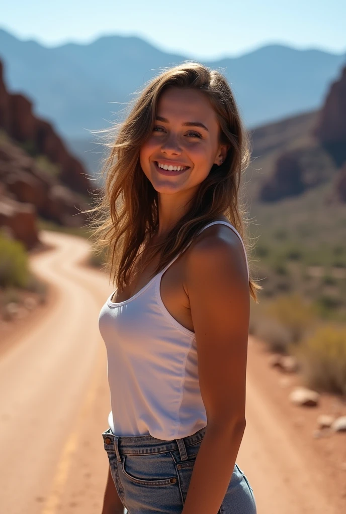 ESPRIT, analogique, Nikon Z 85mm, photo glamour primée,((Meilleure qualité)), ((Chef-d'œuvre)), ((réaliste)), Escapade, bloc, yeux perçants, arizona, Très heureux, cheveux bruns ondulés, Photographie de paysages naturels; (1Femme:1.3, Seul), (Tir de cow-boy:1.3), (débardeur blanc, Short denim, Botte de randonnée), Randonnée sur une route de montagne, Route cahoteuse, rochers), (Le visage brille:0.8), (souriant:0.8), (soi-même, Prendre des photos avec un objectif grand angle, paysage visible et net), (Vues spectaculaires sur les montagnes en été, avec des chaînes de montagnes escarpées au loin, et le merveilleux contraste du ciel bleu et des nuages blancs), (la plus haute qualité, hyperréaliste:1.3, Super serré, représentation très détaillée, Meilleure qualité d'image, représentation très détaillée)