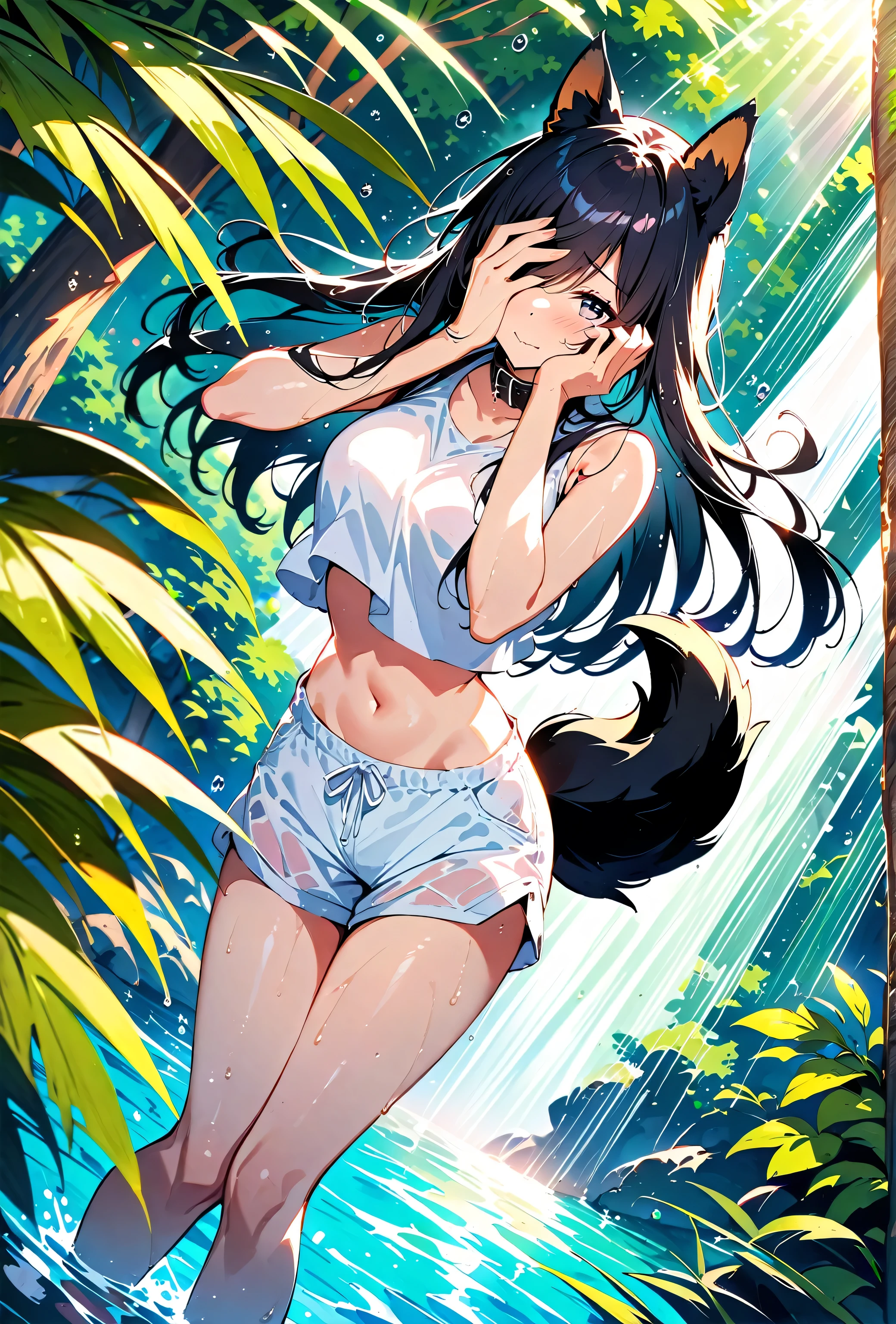 cute dog girl, nsfw, (((showering in a waterfall))), (((big oversized white shorts))), (((((loose white sleeveless crop top))))), (((very embarrassed expression))),(((mouth closed))), ((((((hand covering one eye)))))), ((grey eyes)), (((focal point))), ((close-up full body shot)), ((dynamic angle)), ((long hair)), (black hair, wet and shiny), (dog ears), (dog tail), (black dog collar), ((detailed water droplets, sunlight filtering through trees)), ((dynamic and beautiful lighting)), BREAK, masterpiece, UHD, detailed and high quality, serene atmosphere, vibrant colors, flowing water, detailed background, joyful mood, intricate details, natural beauty, perfect hands