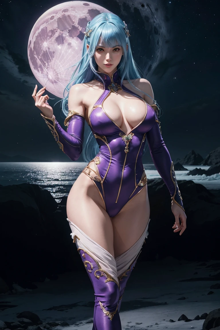 KOF,King of Fighters,Cooler･diamond,woman,Red Eyes,Light Blue Hair,long hair,Trim your bangs,Purple full body suit,Beautiful white skin,Photorealistic,Ultra HD,high quality,masterpiece,Digital SLR,Detailed details,Intricate details,Anatomical basis,Depicted in detail,A detailed face,Realistic skin texture,Vivid details,Perfect Anatomy,Perfect Anatomy,Anatomically correct hand,Anatomically correct fingers,Super Detail,Complex 3D rendering,Sexy pose,Fantasy worldview,Beautiful pale full moon,,Beautiful night sky,The petals of the ice rose flutter,Picturesque,Pink Lips,smile,