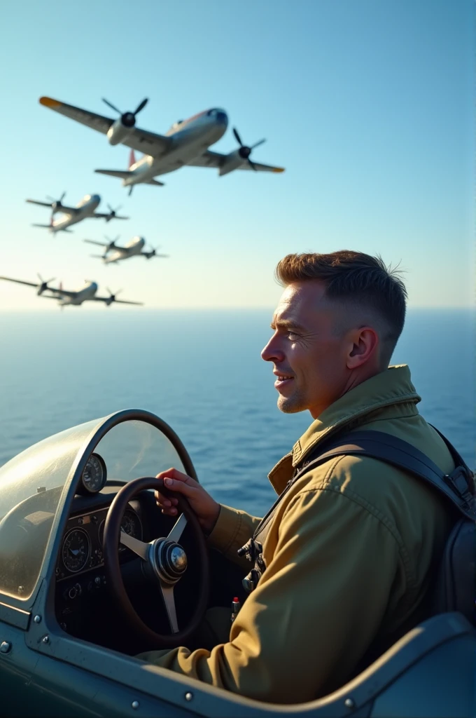 During World War II, an American aviation pilot goes out on training with his squadron of five other twin-engine planes across the ocean on a calm afternoon with a clear, sunny sky.
