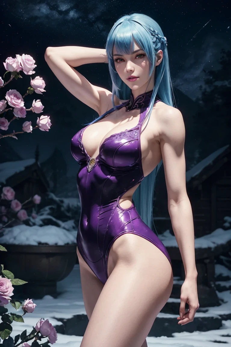 KOF,King of Fighters,Cooler・diamond,woman,Red Eyes,Light Blue Hair,long hair,Trim your bangs,Purple full body suit,Beautiful white skin,Photorealistic,Ultra HD,high quality,masterpiece,Digital SLR,Detailed details,Intricate details,Anatomical basis,Depicted in detail,A detailed face,Realistic skin texture,Vivid details,Perfect Anatomy,Perfect Anatomy,Anatomically correct hand,Anatomically correct fingers,Super Detail,Complex 3D rendering,Sexy pose,Fantasy worldview,Beautiful pale full moon,,Beautiful night sky,The petals of the ice rose flutter,Picturesque,Pink Lips,smile,