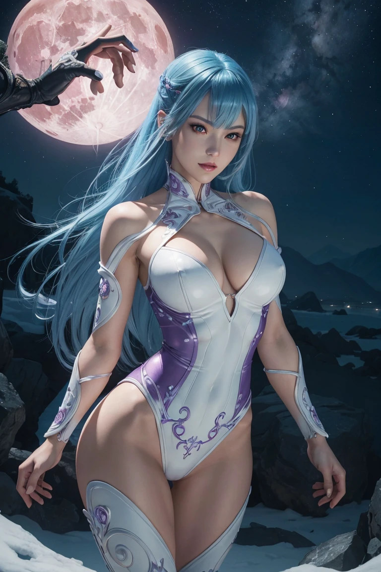 KOF,King of Fighters,Cooler･diamond,woman,Red Eyes,Light Blue Hair,long hair,Trim your bangs,Purple full body suit,Beautiful white skin,Photorealistic,Ultra HD,high quality,masterpiece,Digital SLR,Detailed details,Intricate details,Anatomical basis,Depicted in detail,A detailed face,Realistic skin texture,Vivid details,Perfect Anatomy,Perfect Anatomy,Anatomically correct hand,Anatomically correct fingers,Super Detail,Complex 3D rendering,Sexy pose,Fantasy worldview,Beautiful pale full moon,,Beautiful night sky,The petals of the ice rose flutter,Picturesque,Pink Lips,smile,