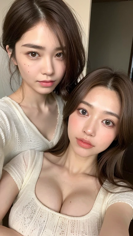 ((Highest quality, 8k, masterpiece: 1.3)), 1 female, Japanese Mature,Sensual beauty: 1.3, (Hair style Brown hair Medium wave, big: 1.2), Nightwear: 1.1, Super Slender Face, Delicate eyes, double eyelid, Dimples,Mole, Home,Plump body, Cleavage, very thick legs, Cowboys photographed from the air