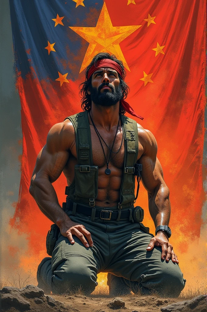 Make the character Rambo, with the background of the image in the colors of the flag of the great God of the south, he kneeled to the flag, in the form of a drawing