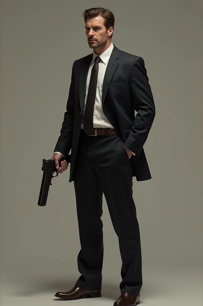 Man in a suit, the whole figure including legs, one hand in the pocket, the other loosely hanging in the hand holding the gun, brunet
