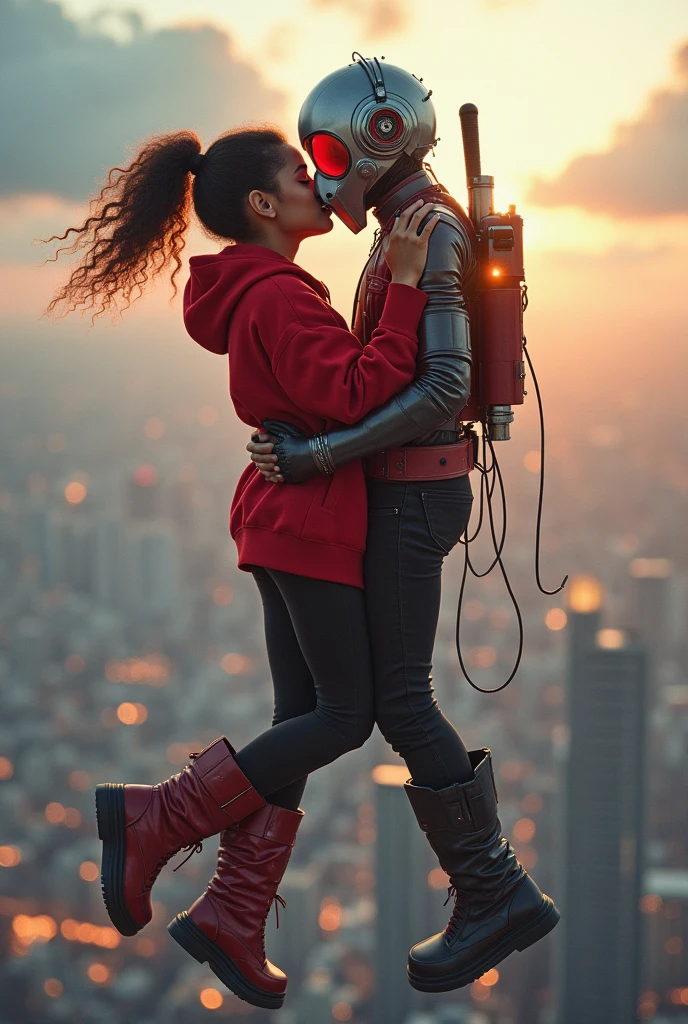 Zendaya, realistic, big breasts, microphone, full body & Youg boy with red hoodie, headphones, Star-lord helmet, rocket boots, gas helmet, covered mouth, round red, eyes, front cover, hugging, love, Romance, Kid Star-lord with red hoodie, headphones, star-lord helmet, gas helmet, covered mouth, round red eyes, Red eyes, magic rings in the hands and rocket boots, Fighting, power, fiction, 2 persons, magic lasso, hight, fall, DJ, view of the city from above, flying in the sky.