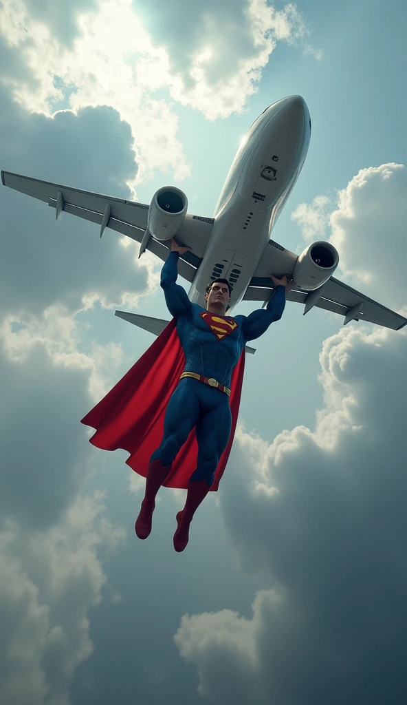 Superman flying forward, showing the face flying in the clouds, holding the big plane with his hands, image ultra realistic, High definition, 8k