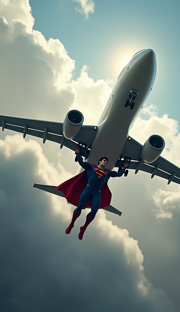Superman flying forward, showing the face flying in the clouds, holding the big plane with his hands, image ultra realistic, High definition, 8k