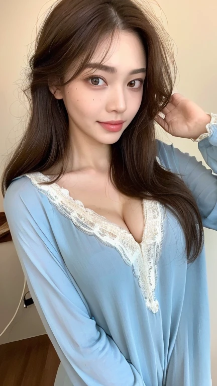 ((Highest quality, 8k, masterpiece: 1.3)), 1 female, Japanese Mature,Sensual beauty: 1.3, (Hair style Brown hair Medium wave, big: 1.2), Nightwear: 1.1, Super Slender Face, Delicate eyes, double eyelid, Dimples,Mole, Home,Plump body, Cleavage, very thick legs, Cowboys photographed from the air