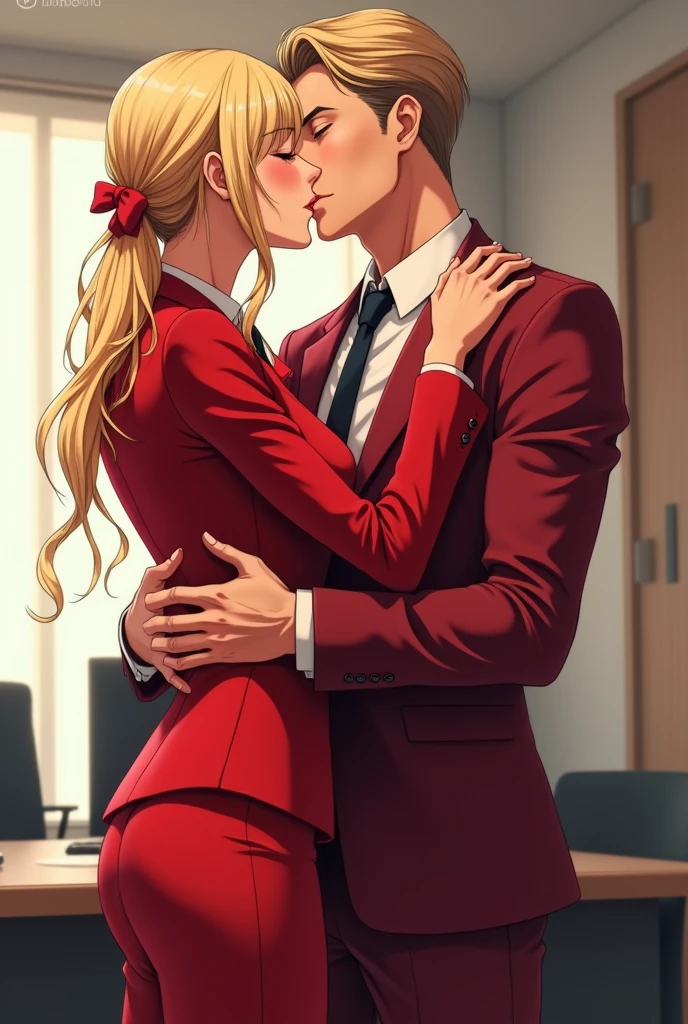 Anime blonde businesswoman in red suit kissing her boss