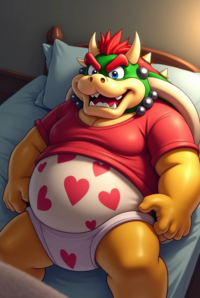 Bowser from Super Mario, embarrassed, heart underpants, red short sleeves t-shirt, laying on a bed