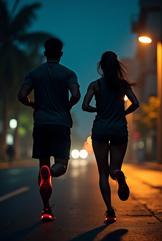 Generate an image of an amateur athlete and his wife, both aged 35, standing backwards, wearing black and red sneakers and running at night in Belo Horizonte