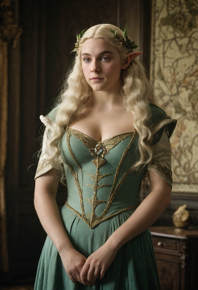 1910s analog film photograph, colorized photo of an elven maiden, 18-years-old, amazonian stature, thick-fit hourglass figure, busty breasts, toned, athletic, wearing a maid's dress, warm almond complexion, pointy elf ears, platinum blonde hair, wild voluminous curls, resembles Margaery Tyrell, standing in a manor drawing room, RAW Photograph, dslr, soft lighting, high quality, film grain, Fujifilm XT3, detailed skin with visible pores, insane details, masterpiece, 8k, 35mm photograph, faded film, desaturated, grainy, vintage, Lomography, stained, highly detailed, found footage, long elven ears