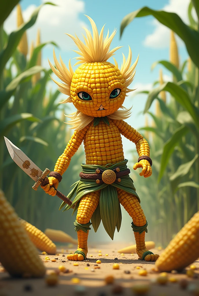 Make me an avatar image of a corn doll to compete in an avatar battler tournament where they fight corn against corn , puede tener weaponduras, swords, weapon, can be a ninja assassin