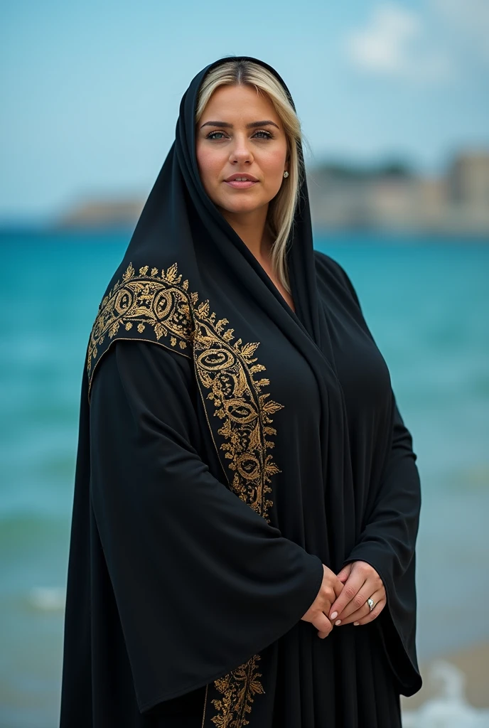 Close up, blonde, plump woman, wearing a black abaya, embroidered with gold, on her shoulder a scarf of the Algerian flag, the Algerian flag is detailed in all its colors and very precise, looking directly at the camera, she is standing on the blue sea shore