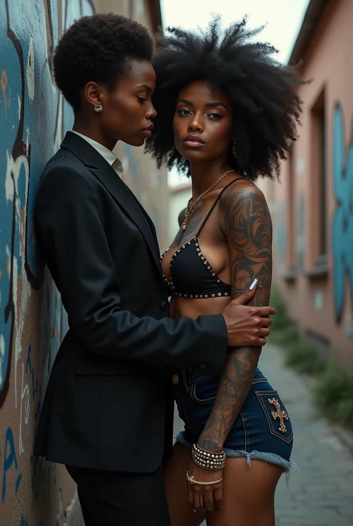 Two russian old milf women: the dominant aggressive dark skinned black woman in business pinstripe suit (jacket and trousers) with white silk shirt, long nails and afro hair, standing up with separated legs and possessive stance (arm around her girlfriends' shoulders squishing her tightly, touching the neck of the white woman with her other hand, like a predator on her prey). Next to her, her white rich drunk girlfriend looks at the camera (white woman is very pale: pale face, pale neck, pale chest, pale arms, pale hands, pale stomach, pale leg), white woman stretches her neck and looks at the camera feeling overwhelmed by her girlfriend. white woman is shy and submissive, feeling dizzy and needy white woman is being seduced. White woman stands up on her tiptoes pinned on a graffitied wall, White woman"s body is slipping down the wall. White woman dresses in rock chic style: Black studded short miniskirt, platinum blonde hair (pouf, bun, colourful bandana as headband) and oversized square sunglasses as headband. White woman wears no no makeup. Black studded lace push up bra, big breasts. Barefoot.. Lots of thick wide studded bracelets in the wrists of the white woman, big pearl necklaces around the necks of the white woman, and big rings, Pearl earrings. Loose chains and studded belts around the hips of the white woman. White woman is lazy, leaning on her girlfriend.. The white woman is densely tattooed on neck, tattoed chest, tattoed arms, tattoed stomach, tattoed legs, wrists and feet. White woman has well Toned abdominals, thin neck, slim legs and thin arms. Narrow hips. The body of the white woman is twisted in a lazy posture. Full body. On a narrow street with graffitied walls
