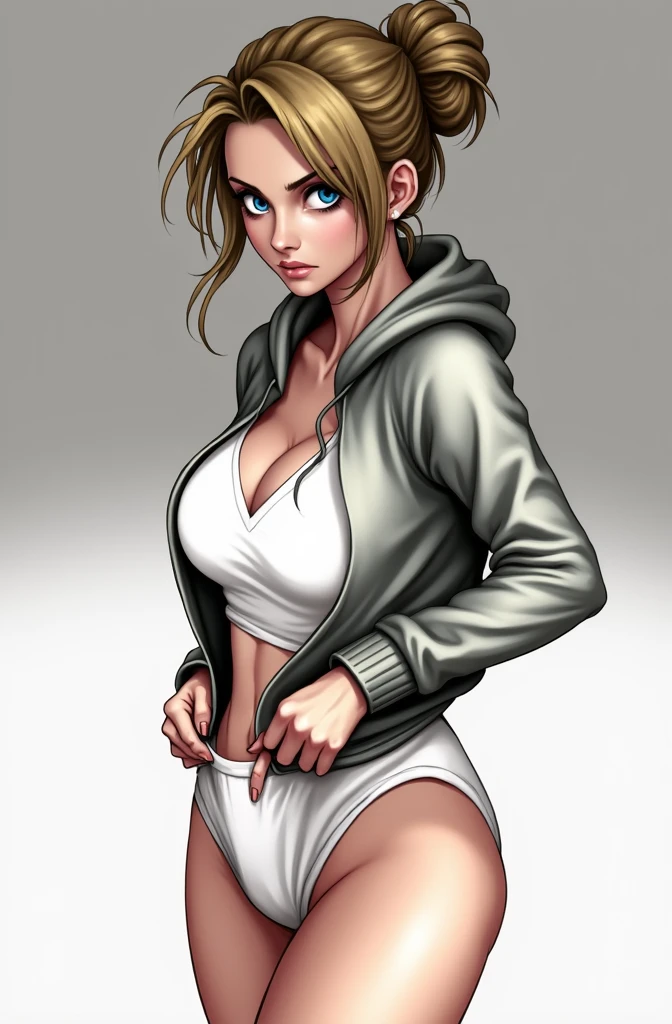 (masterpiece, best quality)), ((((perfect anatomy)))), Caucasian woman with tied blonde hair-bun, dark eye-shadow, , vibrant blue eyes, grey hoodie, tugging at (((white high cut cotton panties))), big hips, angry expression, walking around soldier barracks, (((realistic art style)))