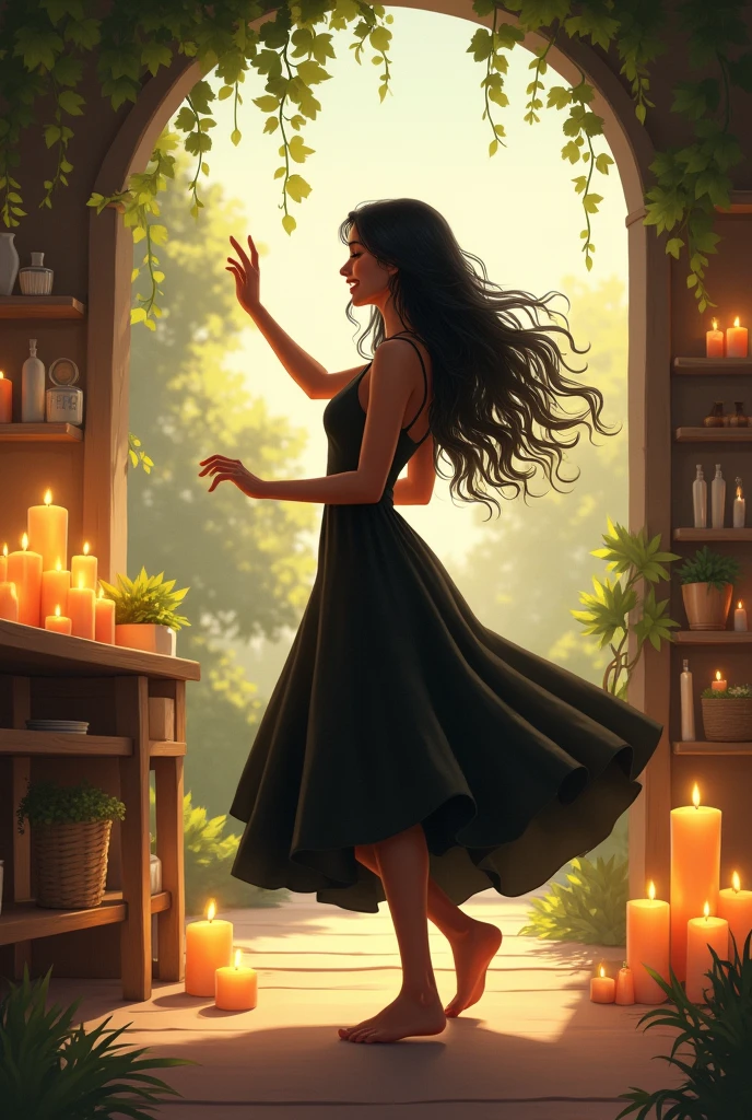 A house and green spaces, Big windows, Sun rays, a landscape, a woman with long wavy black hair, black dress creating candles in a candle workshop, magical, Free, dancing and happy