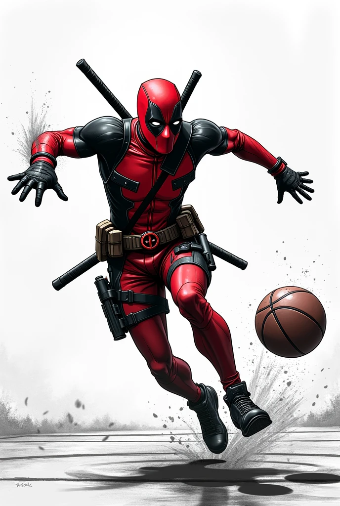 create a drawing of a deadpool playing basketball in black and white without shadows