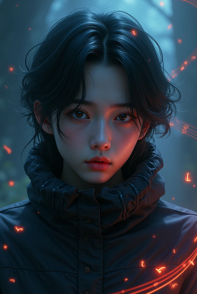 Asian K-pop boy and he is in a dark place and in the background he has transparent colors and around him there are musical notes and he has long hair down to his ears and the word facneo is written in the background