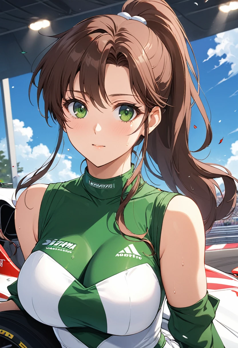 Highest quality, Great quality, 16K, Unbelievably absurd, Very detailed, 2.5D, delicate and dynamic, (Makoto Kino),blue sky, Confetti, Racing Car, flag, Small face, Very delicate appearance, Delicate eye depiction, Very Fine Hair, Upper body close-up, erotic, sexyな女性, Healthy body shape, Race Queen, height: 175cm, Brown long hair,ponytail、 sexyな長い脚, Glowing Skin, , 派手なRace Queenのコスチューム,Green tops, green tight skirt, White Leather Long Boots, Formula 1, Auto Racing Track,1990s \(style\),、(Big Breasts)、expensive、Sweating all over the body、vapor、(Normal location)、綺麗なBig Breasts、Muscular、sexy、A face writhing in pleasure、The whole body is covered in sex fluids、Sweaty,((Male and female sexual scenes)),Cinema Lighting, (完璧なGlowing Skin:0.6),Always high quality CG Unity 8K wallpapers,Anime-style painting style,Composition with an emphasis on the upper body