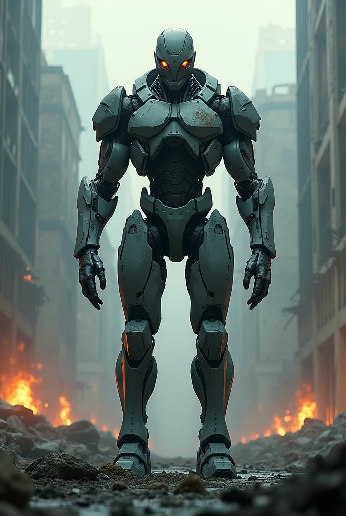 A Cyborg from the future with a war scenario behind him 