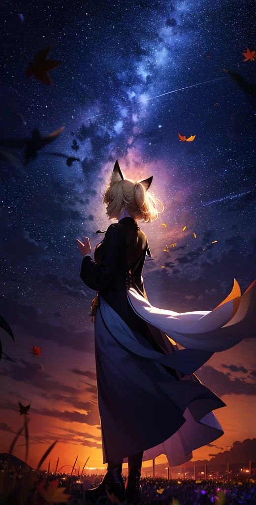 1people々々々々々々々々々々々々,Woman with medium length blonde hair,Fox Ears,Long coat,Takageta, Dress Silhouette, Rear View,Space Sky, Full moon background,Flower Field,Colorful flowers,Dancing Petals,autumn,autumn leaves,rain,
