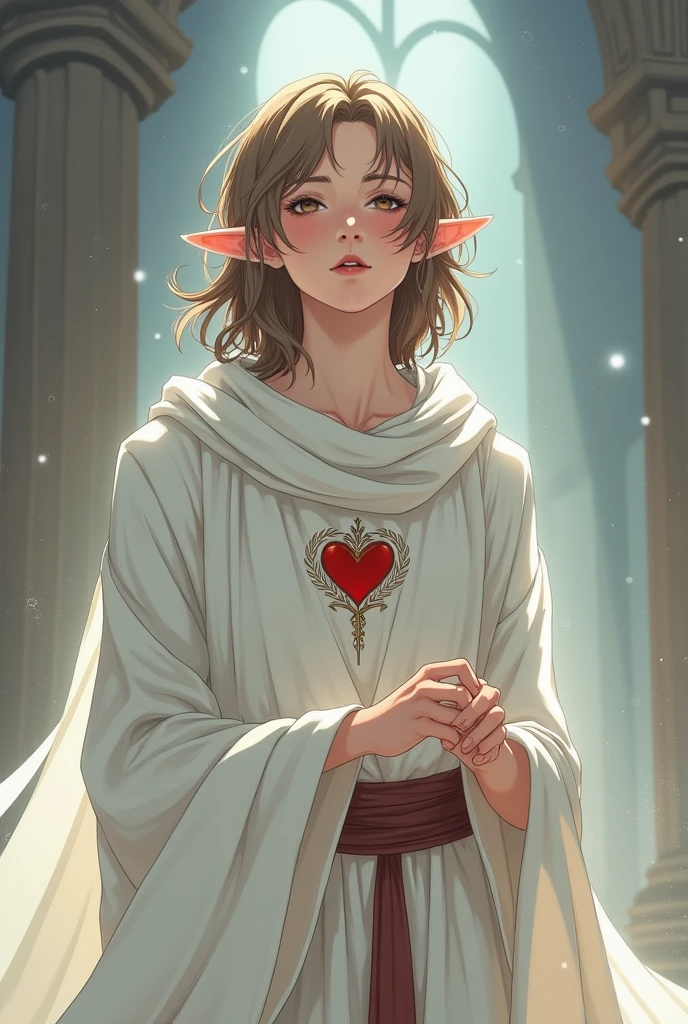 a young half-elf man with delicate, feminine features and shoulder-length light brown hair wearing white medieval attire with a symbol of a feather over a red heart drawn on his clothes at chest height, singing.
 anime style
