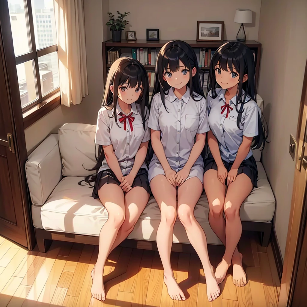 Three Girls,uniform,barefoot,Long Hair, smiling, First Person View,A room in a high-rise apartment,Double-hung windows,A desk and a sofa,One bookshelf,White wall,Hardwood floors,