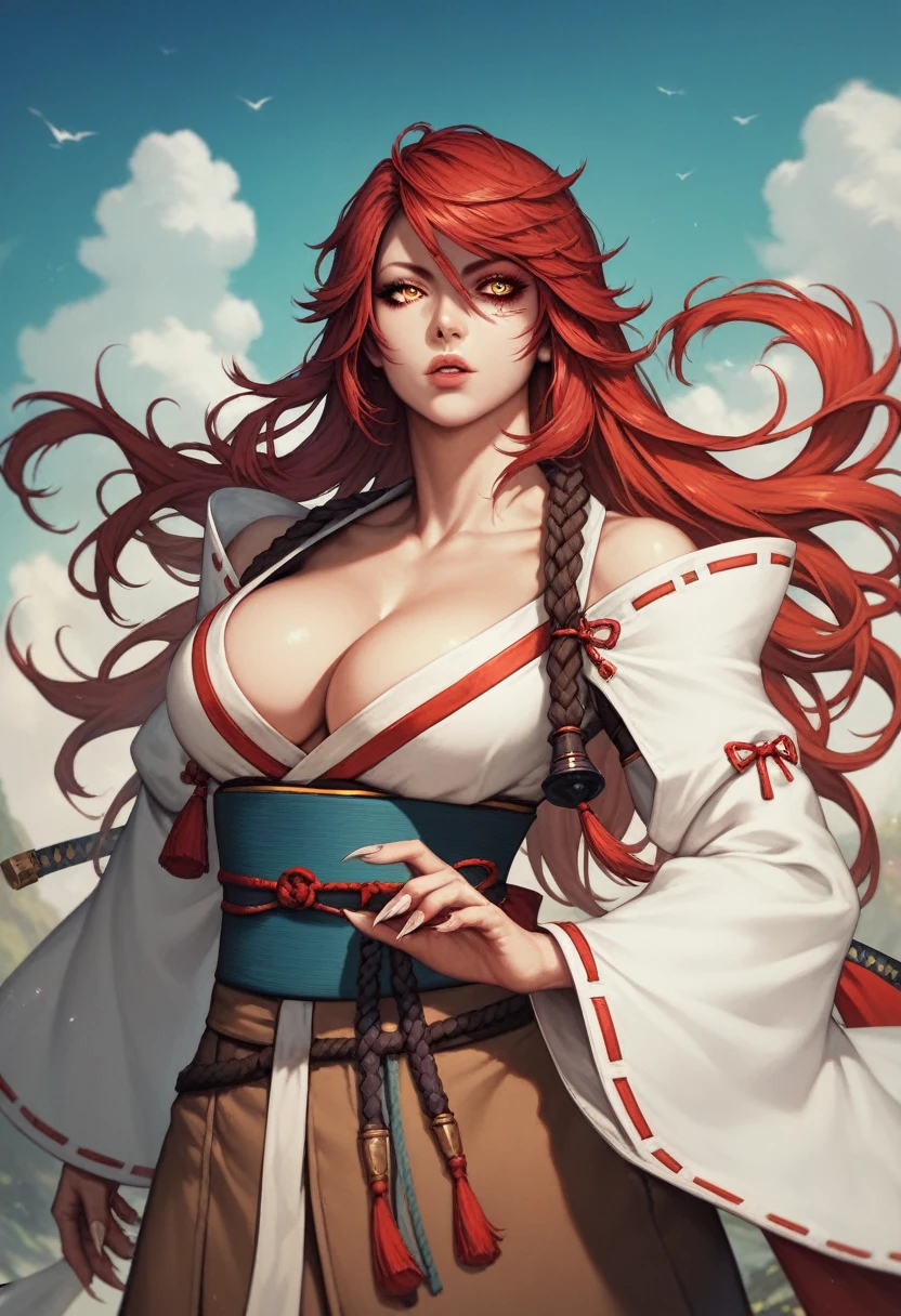 1girl, red hair, shoulder-length, detailed face, detailed eyes, detailed lips, japanese, large cleavage, brown costume, samurai shoulder armors, white sleeves, baggy sleeves, long fingernails