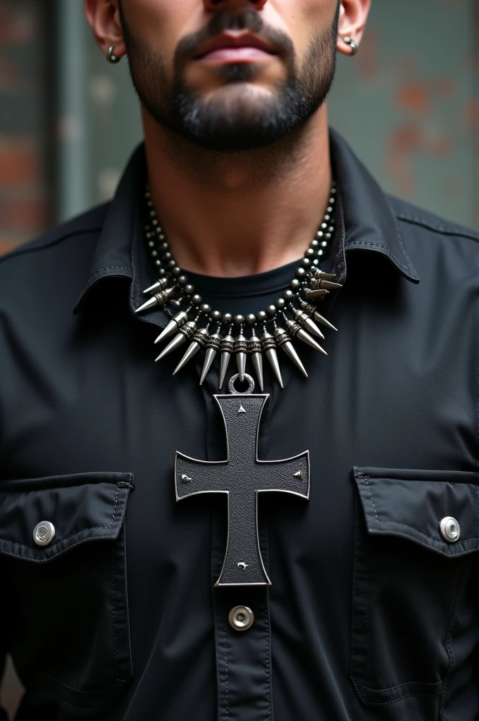 Image of a rocker necklace with spikes and a cross for men
