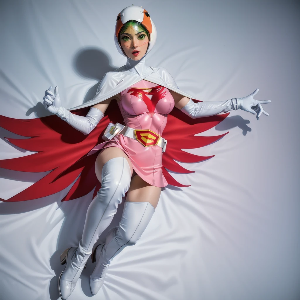 ANI_CLASSIC_jun_gatchaman_ownwaifu,1girl, ,good anatomy, masterpiece, best quality,realistic, hyperrealistic, 16k hdr,breasts,green eyes,lips,large breasts,lipstick,makeup,gloves,cape,helmet,belt,elbow gloves,white gloves,mask,ultra miniskirt,leotard,spacesuit,white tight overknee highheels boots,pink dress,superhero,bodysuit,cleavage,erected nipples,((jumping poses)),cameltoe