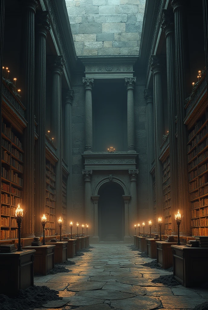 make a dark and gloomy ancient greek library with no people around