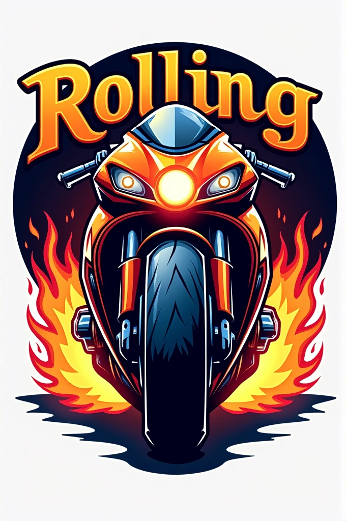 A circular logo, In the center a sports bike with flaming pistons and bright colors that says ROLLING BIKER and at the bottom in small letters it says since 2024