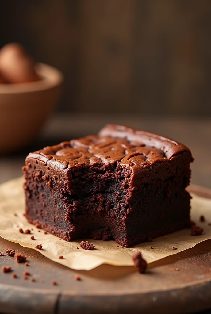 Create an image of a brownie on a table with a bite taken out