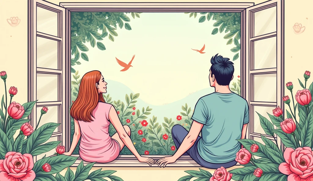 a man and a woman are sitting by the window, open window, view from outside the house, flowers around, Birds fly, Line art, bright colors