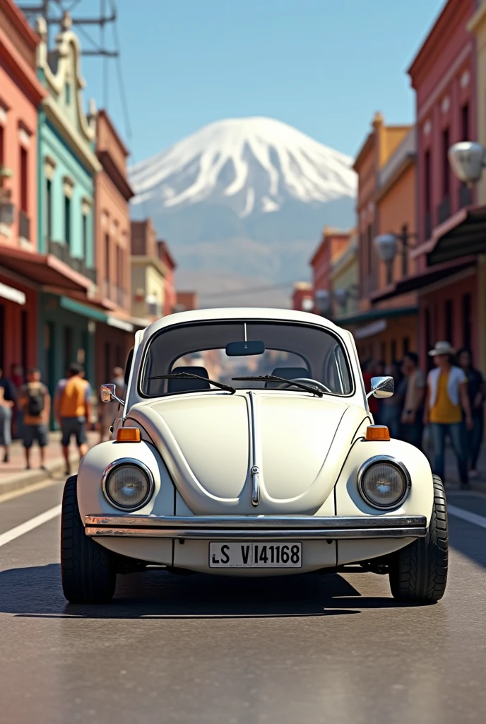 Generate a photo with the 1984 white Beetle with 4 GTA-style doors but as a country in La Paz, Bolivia