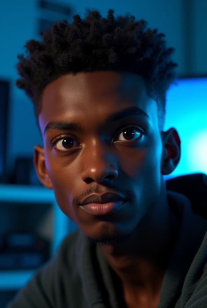 Close-up image of the face of a young man inspired by the Pixar animation, with dark brown skin color, with African facial features, dark eyes, curly black hair, with a military haircut, short haircut, perfect rectangular face, the character stands out with captivating facial expressions, in a dark room, with blue lights, in the background a Gamer PC, and photography equipment, offering a touch of unreality