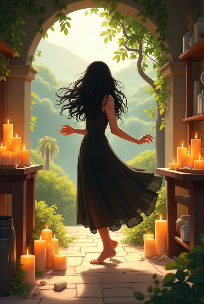 A house and green spaces, Big windows, Sun rays, a landscape, a woman with long wavy black hair, black dress creating candles in a candle workshop, magical, Free, dancing and happy