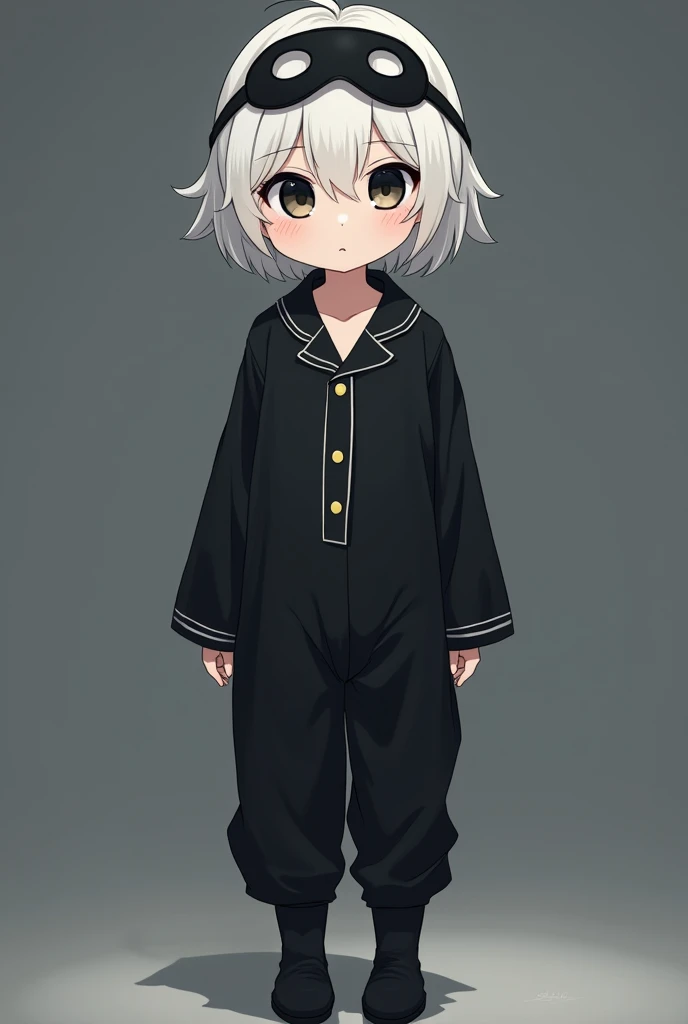 Create an anime style character with these features: 
14 years, Pale skin with large dark circles, white hair, medium complexion, not so high, He is wearing loose black pajamas, with a mask on his head.
She wears black boots and her hair is soft and fluffy..