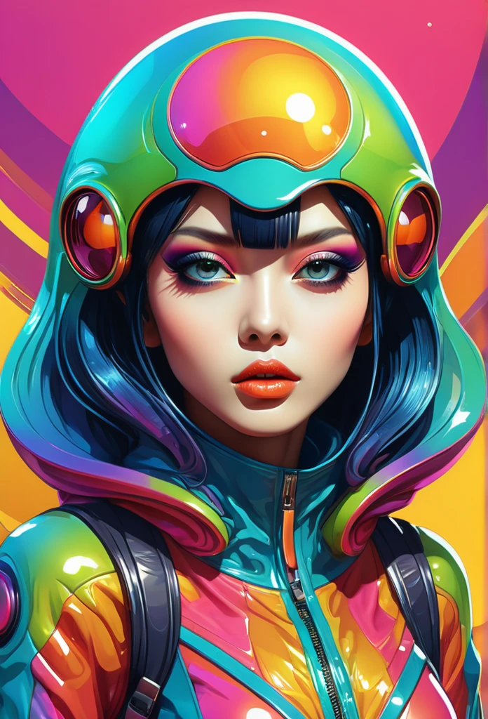 in a funky background portrait of little alien woman, Prominent eyes, funky background, illustration, anime, vector, nft, azuki style, anime style, cowboy shot,digital multi colored, slick bold design, clean, glossy lines, digital illustration, gloss finish, funky aesthetic, impeccable detail, awesome visual impact, endowed with gloss finish, bathed in volumetric lighting, refined by Add_Details_XL-fp16 algorithm, 4D octane rendering, infused with global illumination and precise line art, softened through macros, executed with V-Ray, epitome of visionary art, nuanced by elegant perfectionism and pop art consumerism, infused, aw0k euphoric style --niji 50 --testp --chaos 50