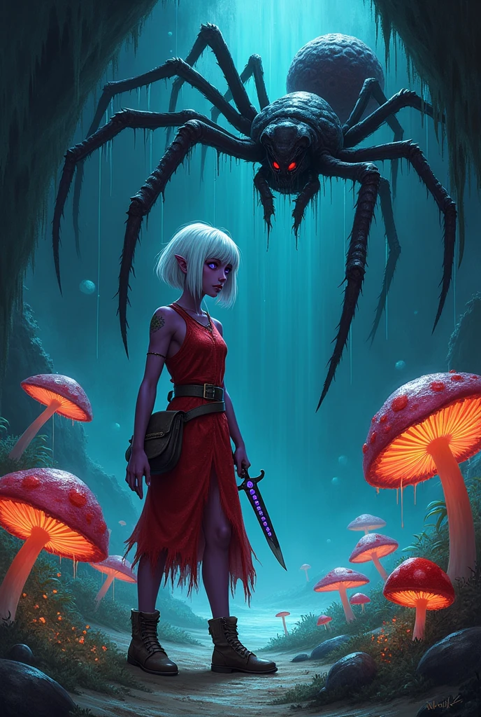 (Ultra-detailed face, looking away, Fantasy Illustration with Gothic, Ukiyo-e, Comic Art, Dark colors), 
BREAK 
(This is an underground world where no light from the ground reaches. The wide space inside the cave is filled with vaguely luminous sheep's teeth, large mushrooms, and poisonous colored flowers. Stalactites extend downward from the ceiling, dripping with water.), 
BREAK 
(A dark elf woman is gathering mushrooms that emit a greenish light as she keeps a wary eye on the area. She is being targeted by a large spider predator, about the size of a man, on a stalactite above her head. (parabolic effect)), 
BREAK 
(A young-aged dark elf woman with silver color hair, blunt bangs, bob cut and dark purple color skin, lavender color eyes.), 
BREAK 
(The dark elf woman wears a silver hairpiece, a red tunic dress with a scorpion pattern, and short brown soft leather boots. She also wears a small sack strapped to her waist belt and a knife decorated with sapphires.)
