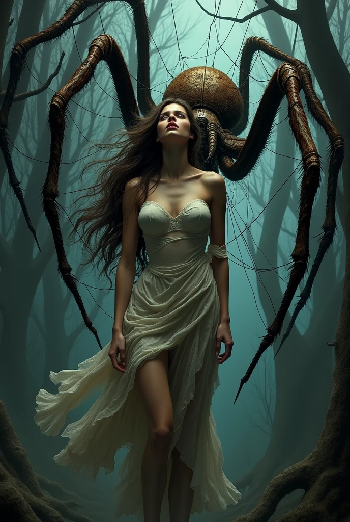 A beautiful brunette woman, being cocooned in a giant spiderweb by a giant spider behind her