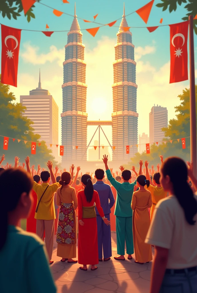 Provide me selamat hari merdeka malaysia 2024 with all races in the image