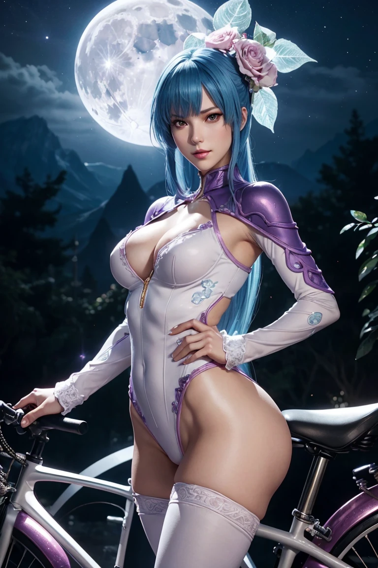KOF,King of Fighters,Cooler・diamond,woman,Red Eyes,Light Blue Hair,long hair,Trim your bangs,Purple Bike Suit,Beautiful white skin,Photorealistic,Ultra HD,high quality,masterpiece,Digital SLR,Detailed details,Intricate details,Anatomical basis,Depicted in detail,A detailed face,Realistic skin texture,Vivid details,Perfect Anatomy,Perfect Anatomy,Anatomically correct hand,Anatomically correct fingers,Super Detail,Complex 3D rendering,Sexy pose,Fantasy worldview,Beautiful pale full moon,,Beautiful night sky,The petals of the ice rose flutter,Picturesque,Pink Lips,smile,