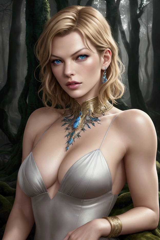 a beautiful woman, Milla Jovovich, detailed face, piercing blue eyes, full lips, long eyelashes, flawless skin, blonde hair, elegant pose, dramatic lighting, fantasy forest background, cinematic composition, detailed digital art, highly detailed, photorealistic, 8k, masterpiece