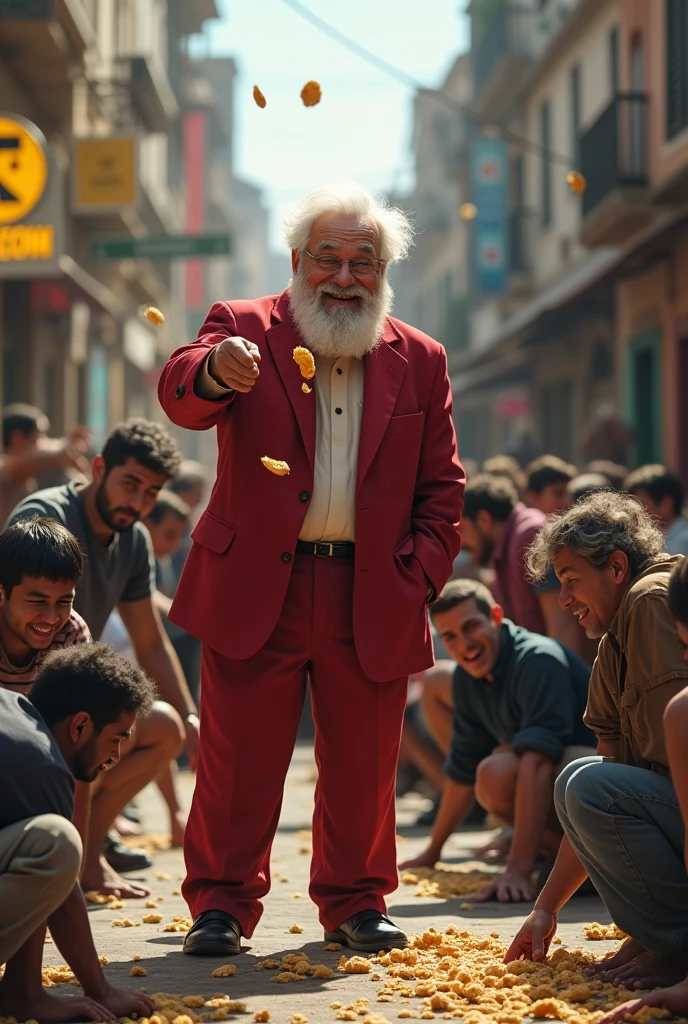 naughty man , height of 1.6 meters,older ,short white hair ,short white beard, red suit, smiling throwing bread crumbs on the floor, poor hungry people crouching down picking up bread crumbs from the floor, City of Sao Paulo, brazil.